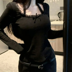 Hnewly Lace T Shirt for Women Spring Slim Crop Top Korean Halter Long Sleeve Tees Y2k Solid Ladies Tshirts Femme Bow Sweet Clothing New