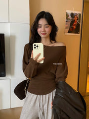 Hnewly Off The Shoulder Knit Top Pullover Women Lightweight Thin Long Sleeve Plain Jumper Knitwear Autumn Winter Y2K Outfit