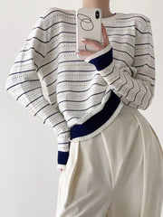 Hnewly Vintage Elegant Striped Sweaters Women Loose O Neck Hollow Out Knitted Pullover French Retro Long Sleeve Casual Jumper Tops