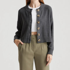 Hnewly Cardigan Tops y2k Women Clothes Solid Color Crew Neck Long Sleeve Button Down Knit Sweater 2000s Clothing Outwear