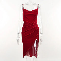 Hnewly Summer Retro Showcase White Red Split Strap Dress, Elegant Slim Fit Celebrity Style Mid length Dress