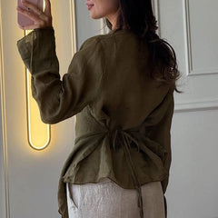 Hnewly Casual Solid Color Streetwear Women's Shirt Tops Fashion V-neck Long Sleeved Irregular T-shirt Office Elegant Lace Up Blouses