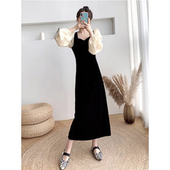 Hnewly Velvet Long Sleeve Dress Women's High Waist Slim Fit Bubble Sleeve Vintage Style Square Collar Midi Dress Sweet Style