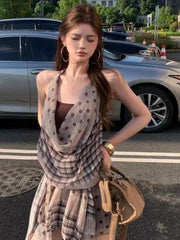 Hnewly Streetwear Plaid Patchwork Dresses Halter Backless Sexy Grunge Y2k Aesthetic Irregular Vestidos Harajuku Woman Sleeveless Dress