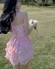 Hnewly Casual Floral Sexy Dress Women Summer Pink Sleeveless Patchwork Mini Dresses Female Elegant Party Holiday Slim Korean Dress