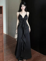 Hnewly Women Dress Sexy V Neck Sleeveless Backless Ruffles Ribbon Backless Elegant Temperament Party Dresses Ladies Fashion