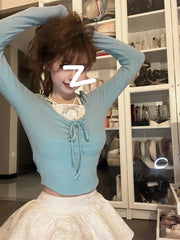 Hnewly new trend inspo Summer Kawaii Sweet Y2k Crop Tops Woman Casual Slim Long Sleeve Blouse Solid Korean Fashion Bodycon Pullover Office Lady