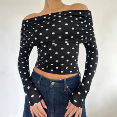 Hnewly Vintage Elegant Off-shoulder T-shirt Women Casual Full Sleeve Skinny Shirt for Summer Streetwear Basic Tees y2k Aesthetic