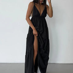 Hnewly Long Skirt Sexy Open Back Temperament Strap Skirt Vacation Style Dress
