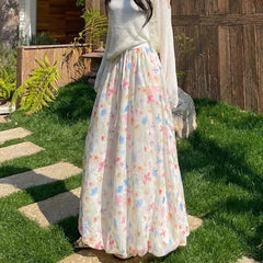 Hnewly Colorful Printed Flower Bud Long Skirts Women Summer High Waist Embroidery Skirt Woman Pleated A Line Midi Skirts Female
