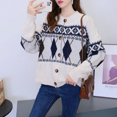 Hnewly Argyle Cardigan Sweaters Women Geometric Print Long Sleeve Button-up Knitted Coat Soft Knitwear Vintage Fall Winter Outfit