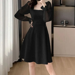 Hnewly A-line Women Dressse Chiffon Sleeves Spring Autumn Solid Elegant Mini Dress Bandage Korean Fashion Vestidos Mujer
