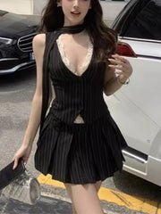 Hnewly 2000s Aesthetic Striped Outfits 2 Piece Set Summer Women Korean Fashion Vacation Kpop Lace Vest + Y2k Preppy Mini Pleated Skirt
