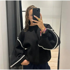 Hnewly Fashion Striped Contrast Sweatshirt Women Loose Patchwork O-neck Lantern Sleeve Female Pullovers Spring Lady Casual Tops