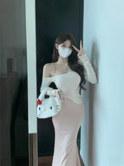 Hnewly Korean style two piece skirt set women's one shoulder knitted sweater spring suspender long Wrap buttocks dress two-piece set Z4