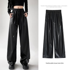 Hnewly Black Wide PU Leather Pants Women Autumn Vintage Elastic High Waist Y2K Harajuku Baggy Straight Trousers