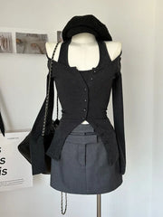 Hnewly Sexy Retro Streetwear Crop Top Coquette Gothic Chic Gyaru Black Halter T-Shirt Fake Two Pieces Off Shoulder Tees Clubwear Kpop