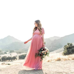 Hnewly Maternity's Dress Pregnancy Photography Props Dusty Pink Long Chiffon Elegant Pregnant Women Clothes Lace Dresses