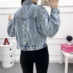 Hnewly Jean Jacket for Women Spring Autumn New Korean Bat Sleeved Short Top Loose BF Style Student Fashion Turn-down Collar Denim Coat