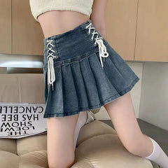 Hnewly Denim Pleated Skirts Women Cute Lace-up Chic Girlish Summer Mini Skirt Korean Style Fashion Sexy High Waist Streetwear College