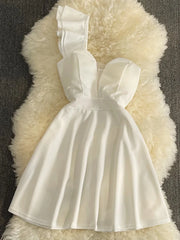 Hnewly Women Black White Ruffled One Shoulder Sleeveless Mini Dress Strapless Mesh Patchwork High Waist A-line Party Dress Vestidos