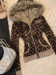 Hnewly Streetwear Leopard Letter Printing Punk Jackets Women Y2k Aesthetic Furry Patchwork Hooded Coats Grunge Loose Vintage Jacket