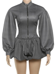 Hnewly Cutenew Casual Daily Women 2Piece Set Sporty Simple Full Sleeve Zip-up Loose Jackets+Draped Mini Skirts Female Coordinate Outfit