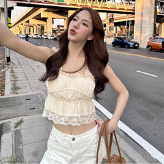 Hnewly Sexy Square Collar Lace Edge Ruched Causal Solid Crop Tops Y2K Summer Fashion New Women Daily 2025 Party Vest Clothes