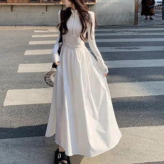 Hnewly Hebe Style Long Sleeve Collar Dress Women's Spring Autumn New Design Black Slim Fit A-Line Skirt High Waist Sweet