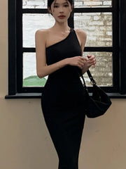 Hnewly Elegant Solid Color Princess Evening Dresses French Romantic Black Hip Wrap Graduation Dress Korean Summer Strap Wedding Dress