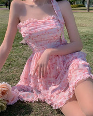 Hnewly Casual Floral Sexy Dress Women Summer Pink Sleeveless Patchwork Mini Dresses Female Elegant Party Holiday Slim Korean Dress