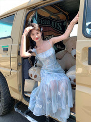 Hnewly Summer Elegant Blue Chiffon Midi Dress Women Beach Casual Embroidery Floral One Piece Dress Korean Fashion Evening Party Vintage