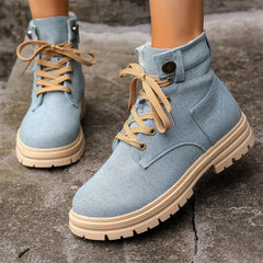 Hnewly Autumn and Winter Fashion New Warm Solid Color Sexy Round Toe Lace-up Comfortable Square Heel Elegant Women's Short Boots