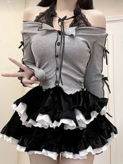 Hnewly Kawaii Skirt Set Women Japanese Lolita Dress Sets Female Korean Fashion Lace Patchwork Cake Skirt Off Shoulder Tops 2 Pieces Set