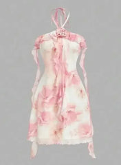 Hnewly Fashion Ruffle Hem Pink Floral Halter Women Dress Sexy Tie Detail Backless Bodycon Mini Dresses Lady New Daily Party Gown