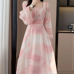Hnewly Pink Chiffon Dresses Woman Square Neck Spring Autumn Long Dress A-line Korean Fashion Elegant Sweet Vestidos Mujer