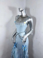 Hnewly Fantasy Sea Spirit*TDH Blue Jellyfish Flowing Light Sparkling Tassel Fairy Slit Long Dress Gown Lolita Costume