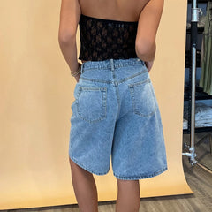 Hnewly Vintage Knee Length Denim Shorts Summer Fashion Streetwear High Waist Loose Fit Jean Shorts Harajuku Y2K Cyber Grunge Pants