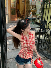 Hnewly Camis Women Plaid Sleeveless Halter Ruffles Bandage Backless Slim Vintage Sweet Casual Sexy Tank Tops Female Summer