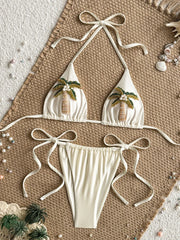 Hnewly 3D Coconut Tree Halter Pearls Mini Micro Bikini Women Swimsuit Female Swimwear Two-pieces Bikini Set Bather Bathing Suit Swim