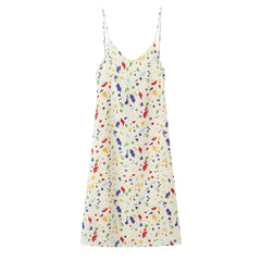 Lunivop Holiday Women Beige with Colored Geometric Dot Print Sling Dress V Collar Tie Bow Back Midi Long Dresses Vestidos Summer Robe