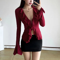 Hnewly spring birthday outfit y2k Tops Women Fairycore Clothing Solid Color Ruffle Collar Flared Long Sleeve Blouse Shirt 2000s Clothes Streetwear