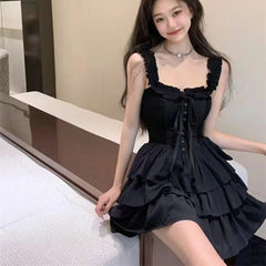 Hnewly Gothic Black Sexy Slip Dress Y2K Harajuku Streetwear Punk Lace Up Cake Dress Female Summer Korean Fashion Party Ruffles Dresses