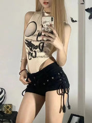 Hnewly Shorts Women Skinny Creativity Lace-up Popular Streetwear Daily Personality Students Holiday Fashion Sexy American Retro Leisure