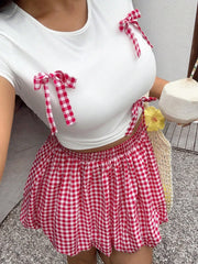 Hnewly Plus size vacation spring and summer Spice Girls Plaid Butterfly Knot Short Sleeve Pod Skirt Slim Set Fashion