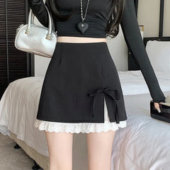 Hnewly Sweet Style Bow Tie Short A-Line Skirt Women Lace Spliced Split Suit Skirt Female Stylish Office Lady Commute Hip Skirts Mujer