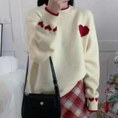 Hnewly Christmas Sweaters Women y2k Clothes Heart Print Round Neck Long Sleeve Knitted Pullover Tops 2000s Aesthetic Clothing