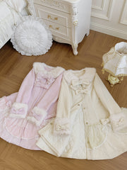 Hnewly Japanese Cute Girls Sweet Lolita Pink Long Woolen Coats Autumn Winter New Women Sweet Elegant Bow Plush Collar Overcoats