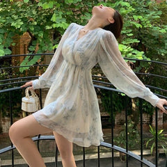 Hnewly Dresses Women A-line Print V-neck Stylish Ulzzang Ladies Holiday Casual Simple Above Knee Design Streetwear Puff Sleeve Soft Ins