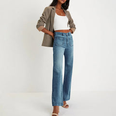 Hnewly Women's Basic Casual All-match Simple Jeans Fashionable Straight-Leg Wide-Leg Loose Fit Comfortable Denim Trousers
